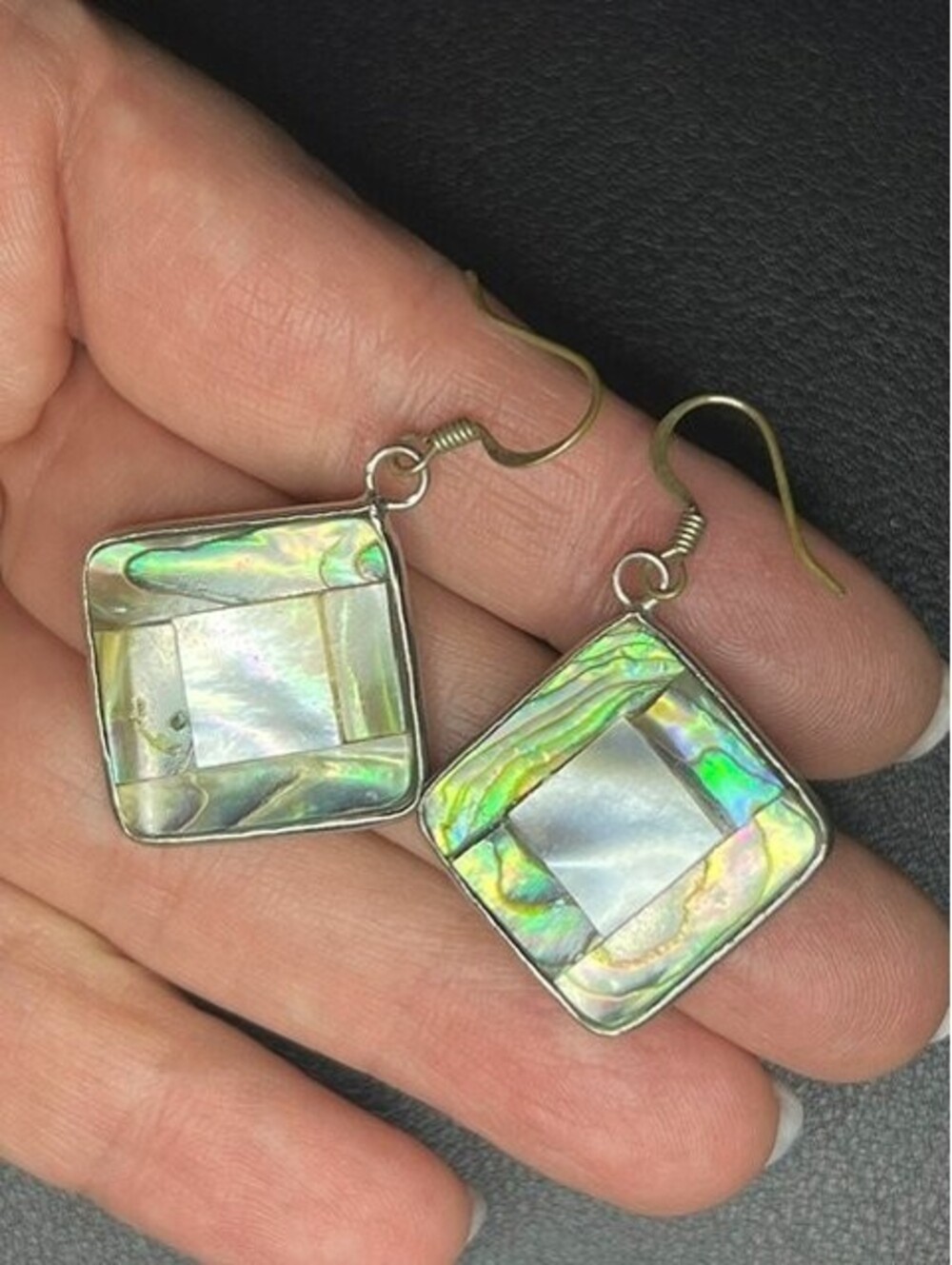 B7389 Sterling Silver Abalone Mother of Pearl Inlay Dangle Earrings 8.2g 1.75"